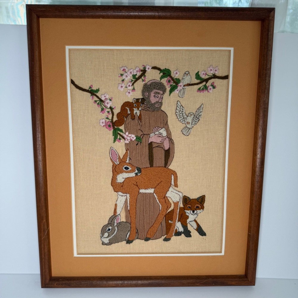 Vintage St Francis and Friends Crewel Embroidery 17x21 Framed Folk Art Needlept